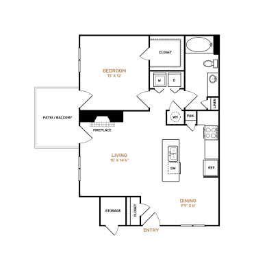 floor plan for the one bedroom apartment at The Landon