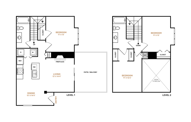 two floor plans for a two bedroom apartment at The Landon